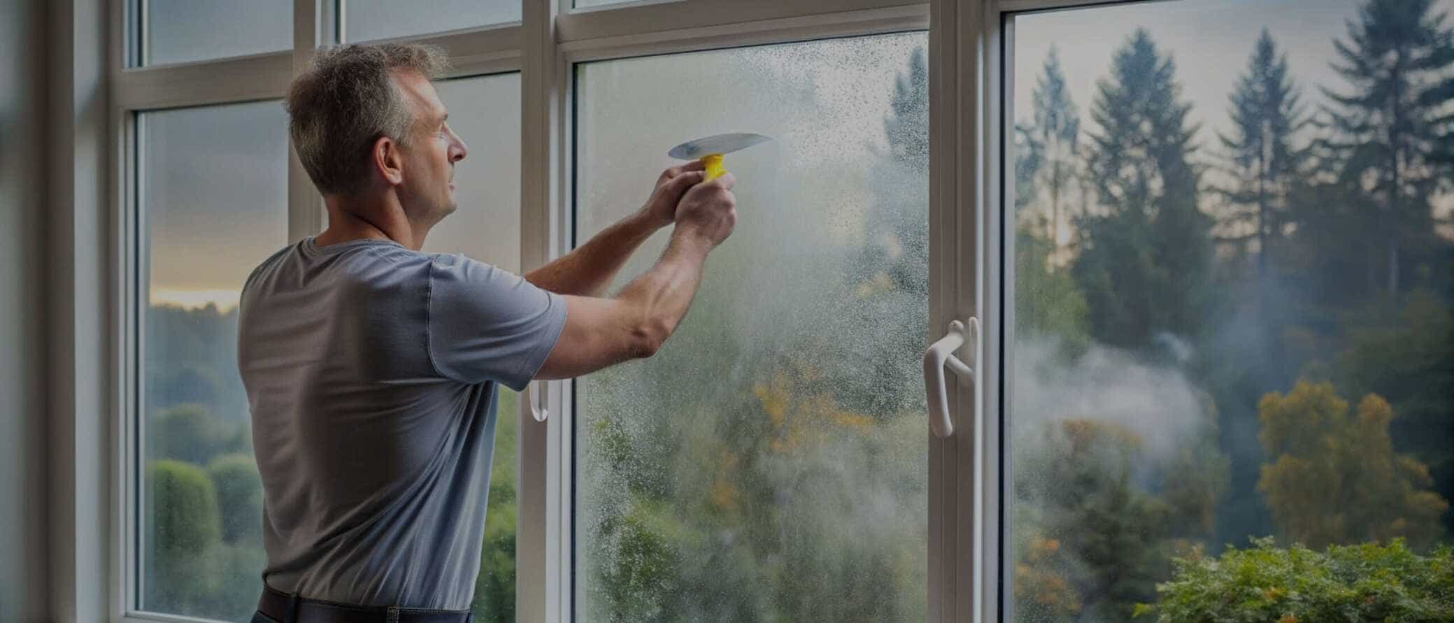 Man cleaning a large white-framed window with a squeegee, removing condensation or foggy residue. The window overlooks a scenic outdoor view with trees and mist in the background, creating a serene atmosphere.