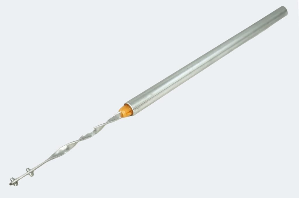 Metallic grounding rod with a twisted design and an orange insulator at the base, used for electrical grounding applications. The rod features a pointed end with multiple connectors for secure installation.