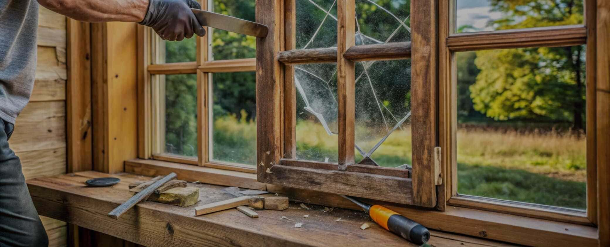 Craftsman repairing a rustic wooden window with a broken glass pane. The worker, wearing gloves, uses a tool to remove damaged parts of the frame. Various hand tools and materials are scattered on the wooden windowsill, with a scenic outdoor landscape visible in the background.