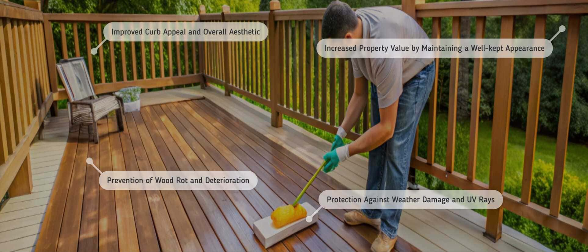 A worker staining a wooden deck using a paint roller, applying protective coating for durability and weather resistance. Labeled points highlight benefits such as improved curb appeal, increased property value, prevention of wood rot, and protection against weather damage and UV rays. The deck features a wooden railing, a rocking chair, and a lush green backyard in the background.