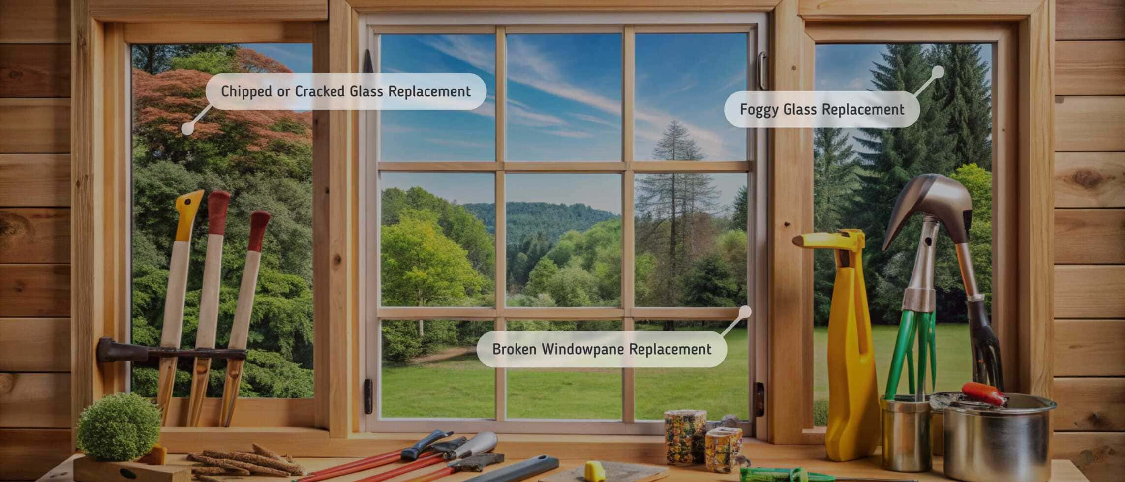 Rustic wooden-framed window overlooking a scenic green landscape, with labeled points highlighting services such as chipped or cracked glass replacement, foggy glass replacement, and broken windowpane replacement. The windowsill holds various tools, including hammers, screwdrivers, and cleaning supplies, indicating an ongoing repair or maintenance process.