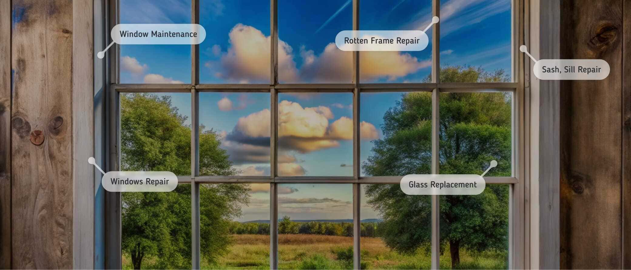 Rustic wooden window with a scenic countryside view, labeled with repair services such as window maintenance, rotten frame repair, sash and sill repair, windows repair, and glass replacement. The window is framed by aged wooden walls, with a bright blue sky, fluffy clouds, and lush green trees visible outside.