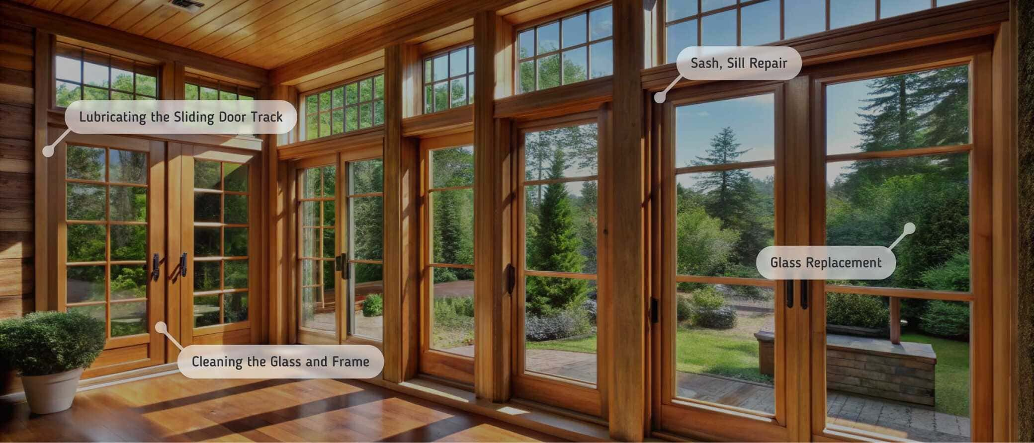 Spacious sunlit room with large wooden-framed windows and French doors leading to a lush outdoor garden. Labeled points highlight maintenance tasks such as lubricating the sliding door track, cleaning the glass and frame, sash and sill repair, and glass replacement. The natural wood interior and floor-to-ceiling windows enhance the warm, inviting atmosphere.