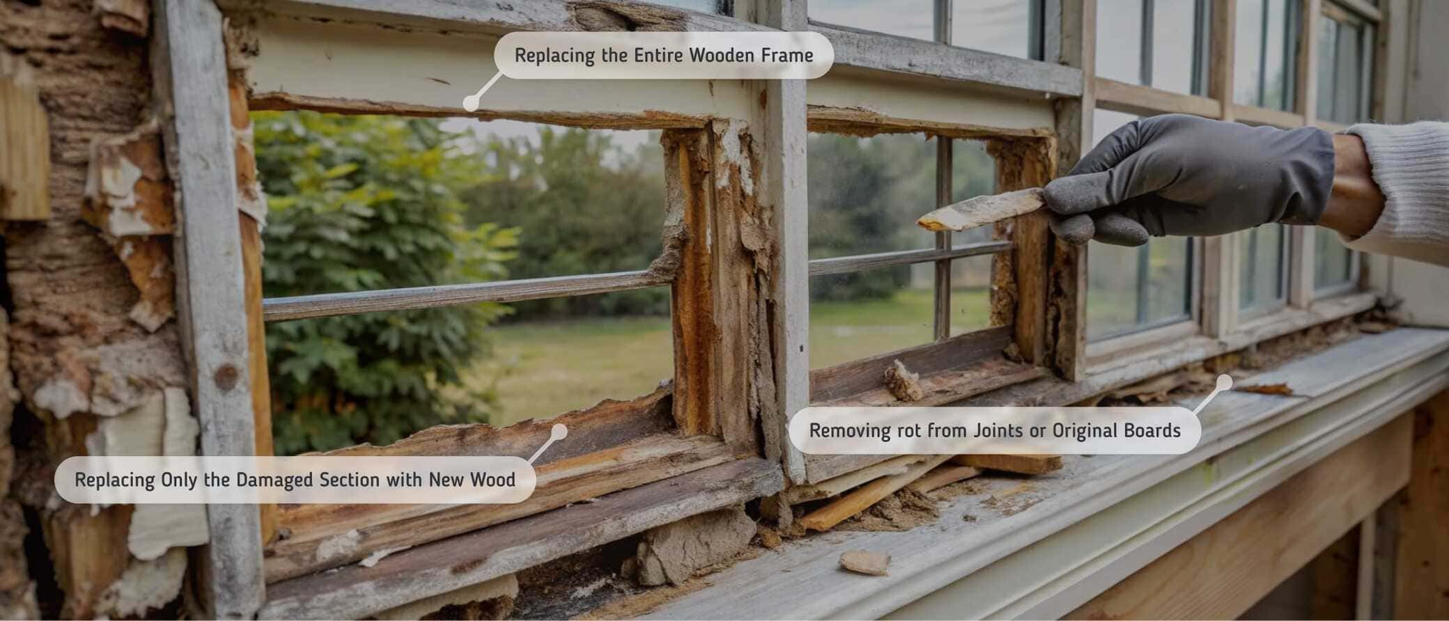 Close-up of a deteriorated wooden window frame undergoing restoration. A worker wearing gloves is removing rotted sections of the frame, with labeled areas indicating steps such as replacing the entire wooden frame, replacing only the damaged sections with new wood, and removing rot from joints or original boards. The background features a green outdoor landscape.