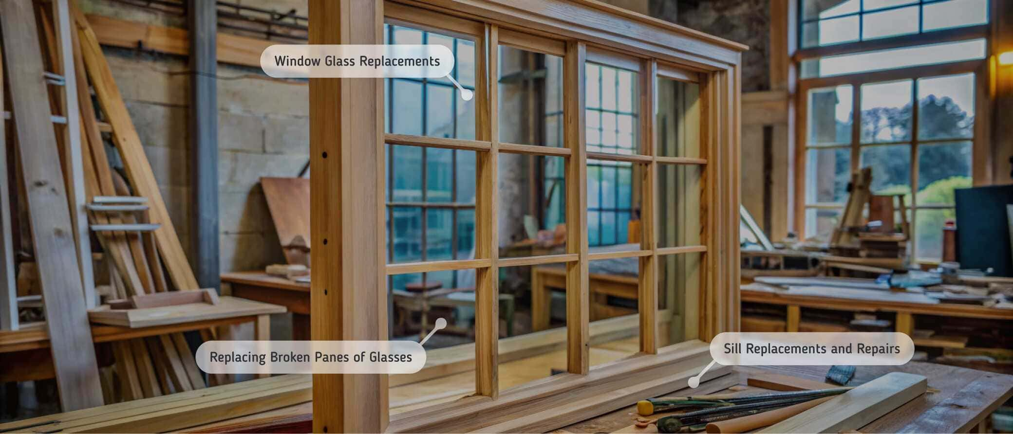 Wooden window frame undergoing restoration in a workshop, with labeled points indicating services such as window glass replacements, replacing broken panes of glass, and sill replacements and repairs. The background features a well-equipped woodworking space with tools, materials, and large windows allowing natural light.