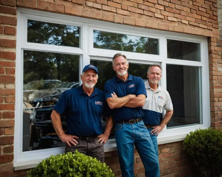 Three smiling window repair professionals standing in front of a newly installed white-framed window on a brick building. They are wearing branded polo shirts and appear confident and approachable, with neatly trimmed greenery in the foreground.