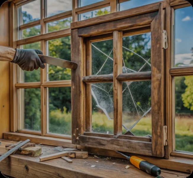 Close-up of a craftsman repairing a rustic wooden window with a broken glass pane. The worker, wearing gloves, uses a tool to remove damaged parts of the frame. The window sits in a wooden interior, with tools scattered on the windowsill and a scenic outdoor landscape visible through the glass.