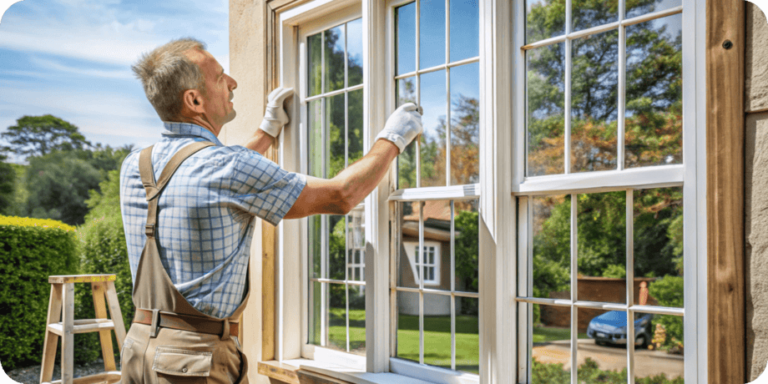 Professional window technician wearing gloves and overalls installing or repairing a white-framed double-hung window. He is adjusting the sash while standing outside a house with a garden, trees, and a parked car in the background.