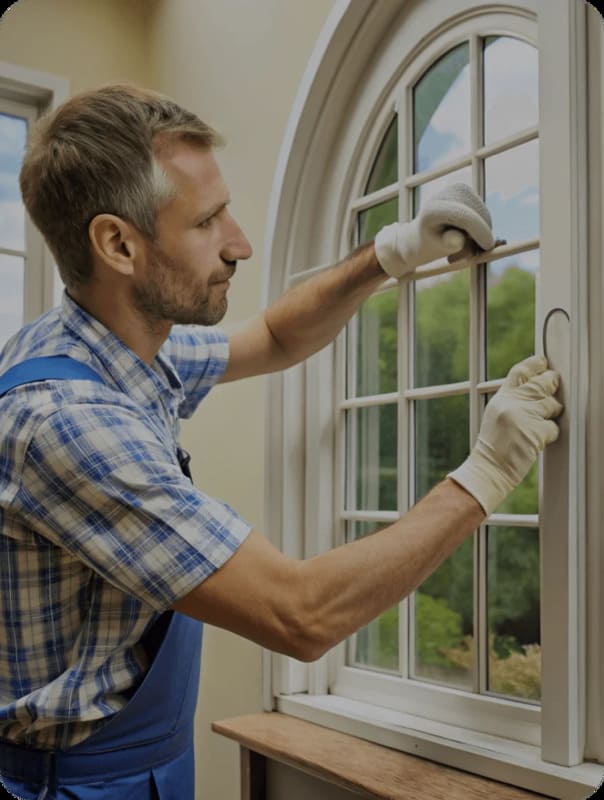 Professional window repair technician wearing gloves and overalls, working on an arched white-framed window. He is carefully adjusting or replacing window hardware, with a scenic green outdoor landscape reflected in the glass.