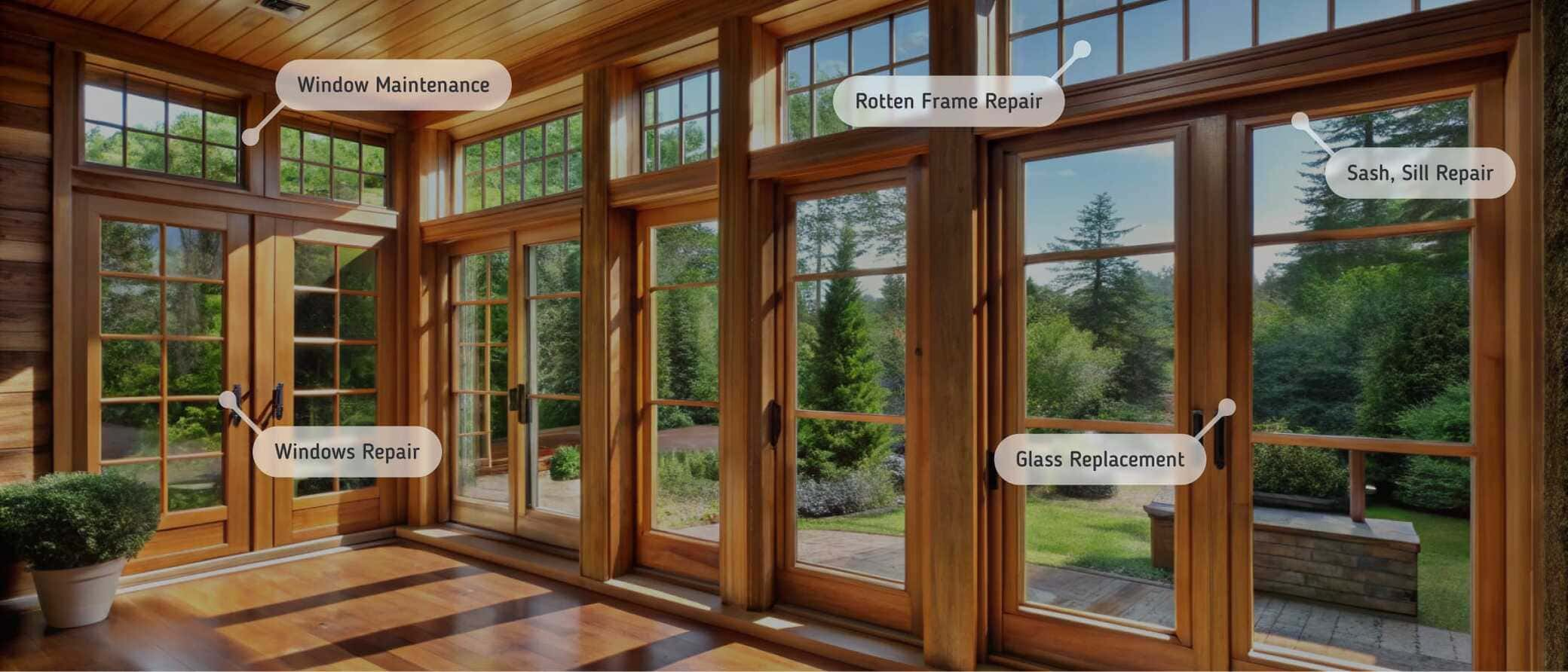 Spacious sunlit room with large wooden-framed windows and French doors leading to a lush outdoor garden. Labeled points highlight repair and maintenance services, including window maintenance, rotten frame repair, sash and sill repair, windows repair, and glass replacement. The natural wood interior and floor-to-ceiling windows create a warm, inviting atmosphere.