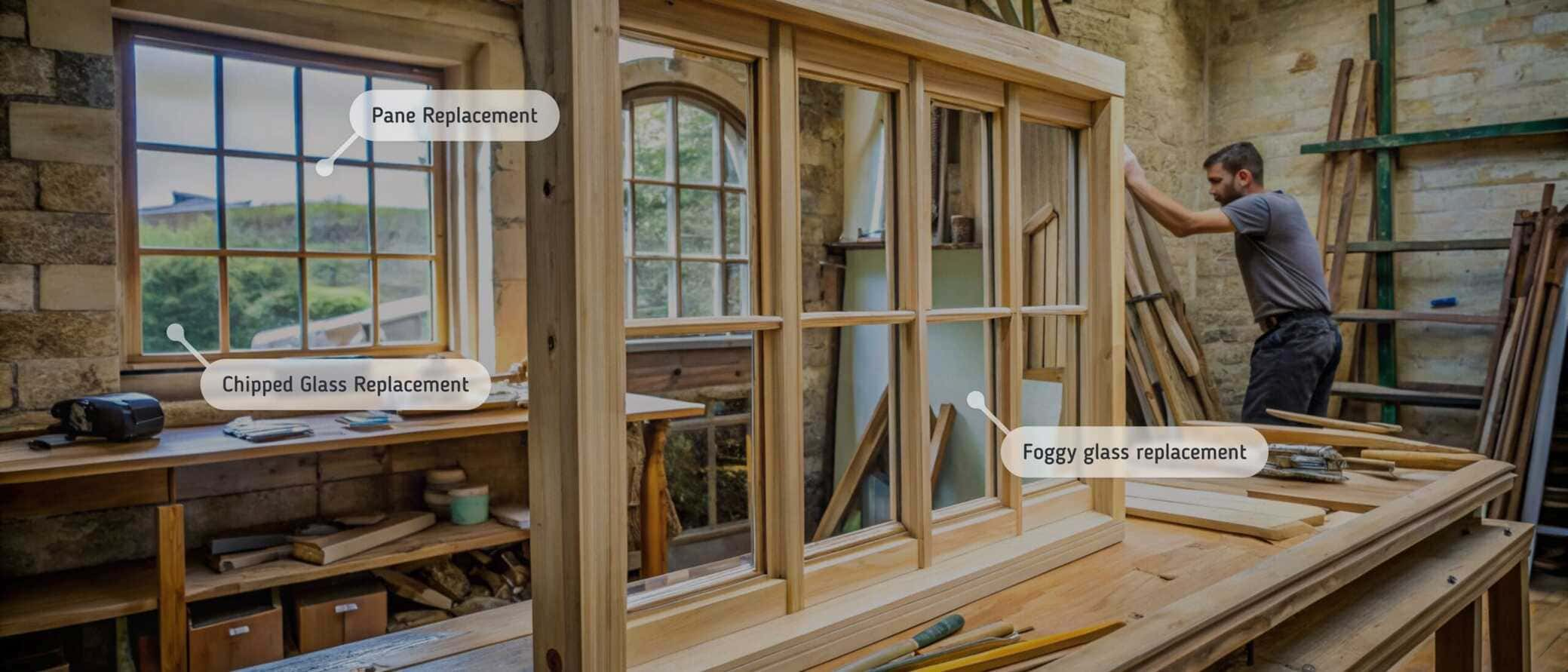 Wooden window frame under repair in a workshop, with labeled points highlighting services such as pane replacement, chipped glass replacement, and foggy glass replacement. A craftsman in the background is working on another wooden frame, surrounded by tools and materials.