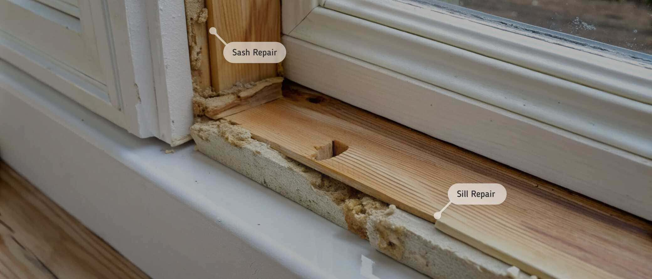 Close-up of a wooden window undergoing repairs, with labeled points indicating sash repair and sill repair. The image shows exposed insulation, partially replaced wooden components, and a white window frame in the process of restoration.