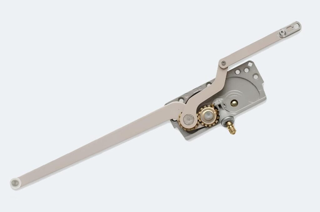 Casement window operator with a metal arm and gear mechanism, designed for smooth and controlled window opening and closing. The unit features a sturdy crank handle connection and a brass gear for durability.