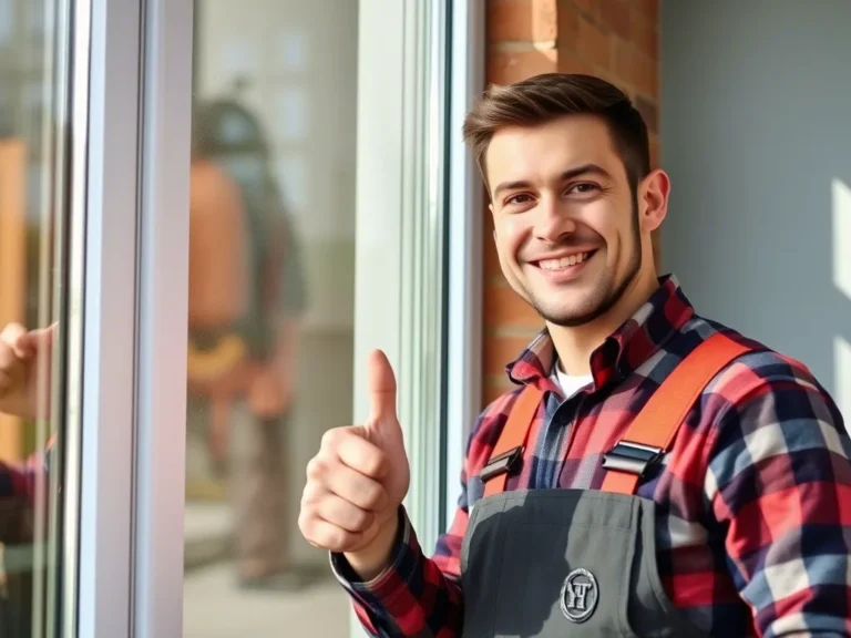 A window repairman stands by a serviceable window