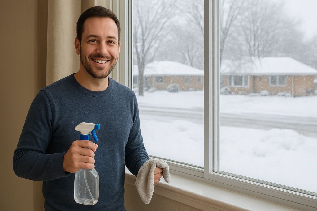 Man prepares his window for winter