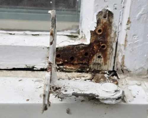 Localized wood rot in window sash