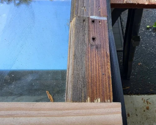 Rotten wood sash repair before and after in Highland Park Illinois